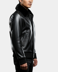 Mens Leather Bomber Pilot Jacket Removable Collar Leroy Nova Black