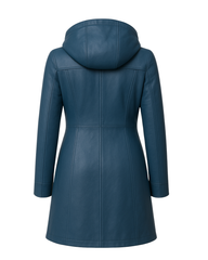 Azure Harbor Detachable-Hood Leather Coat — Azure Blue