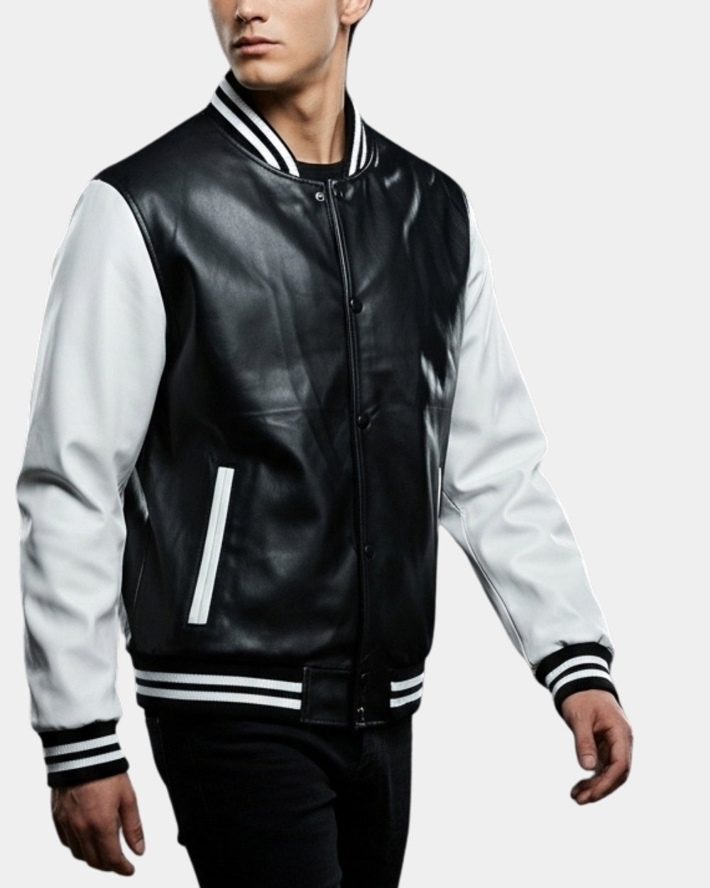Mens Leather College Boy Varsity Jacket Garry Black Astral White