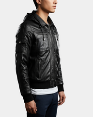 Mens Leather Bomber Jacket with Hoodie Bronx Nova Black
