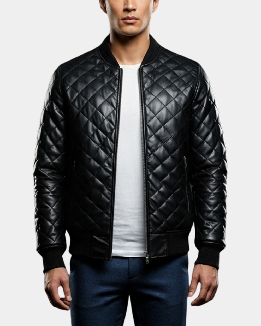 Mens Leather Quilted Bomber Jacket Warren Nova Black