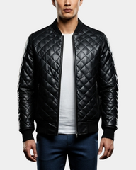 Mens Leather Quilted Bomber Jacket Warren Nova Black