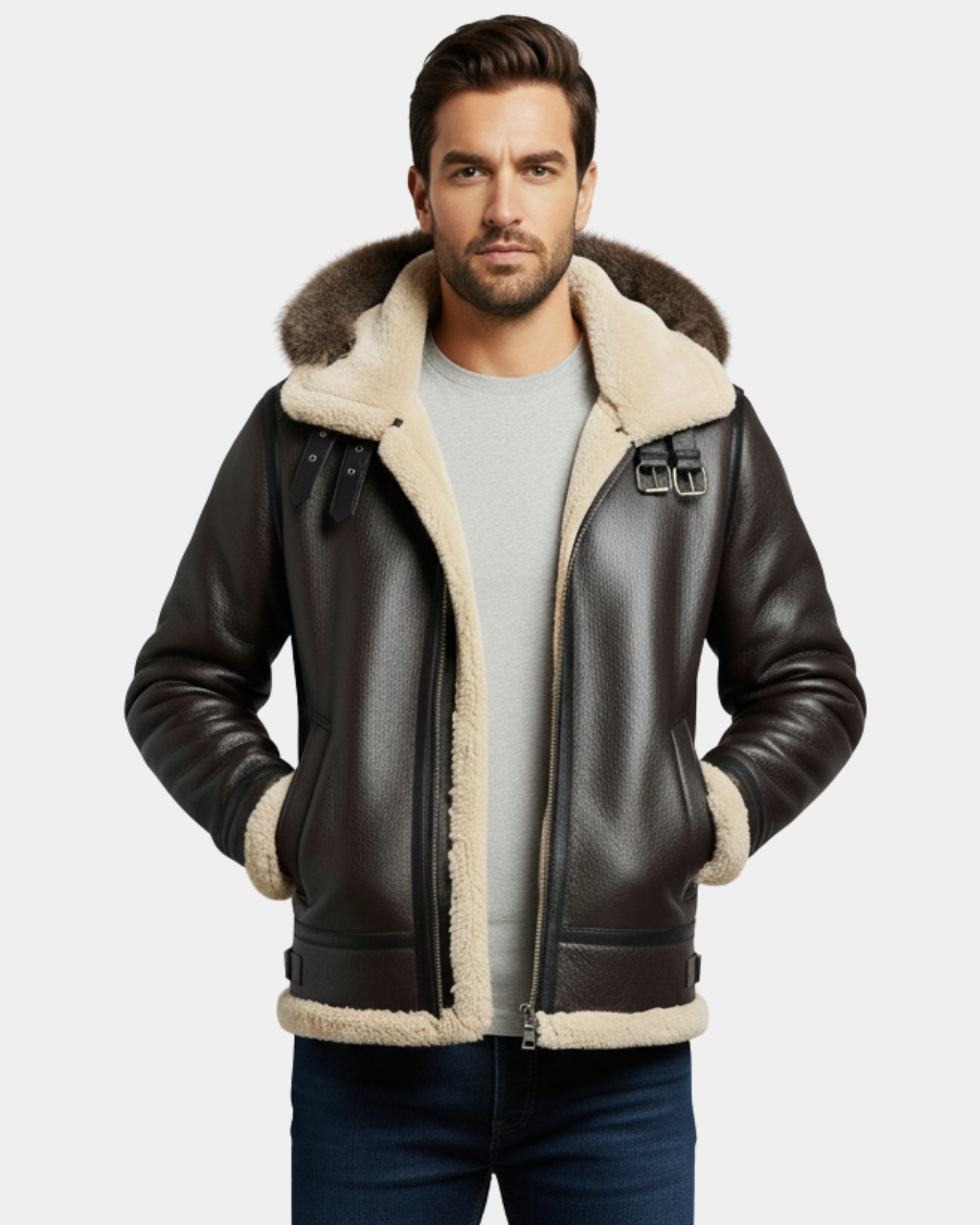 Men Bomber Flying Aviator RAF B3 Real Leather Jacket Sheepskin Zenith Brown Hooded
