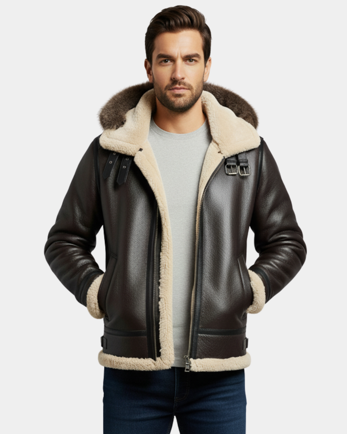 Men Bomber Flying Aviator RAF B3 Real Leather Jacket Sheepskin Zenith Brown Hooded