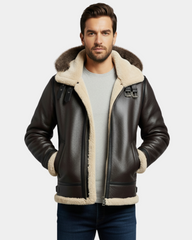 Men Bomber Flying Aviator RAF B3 Real Leather Jacket Sheepskin Zenith Brown Hooded