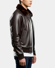 Mens Leather Bomber Pilot Jacket Removable Collar Leroy Zenith Brown