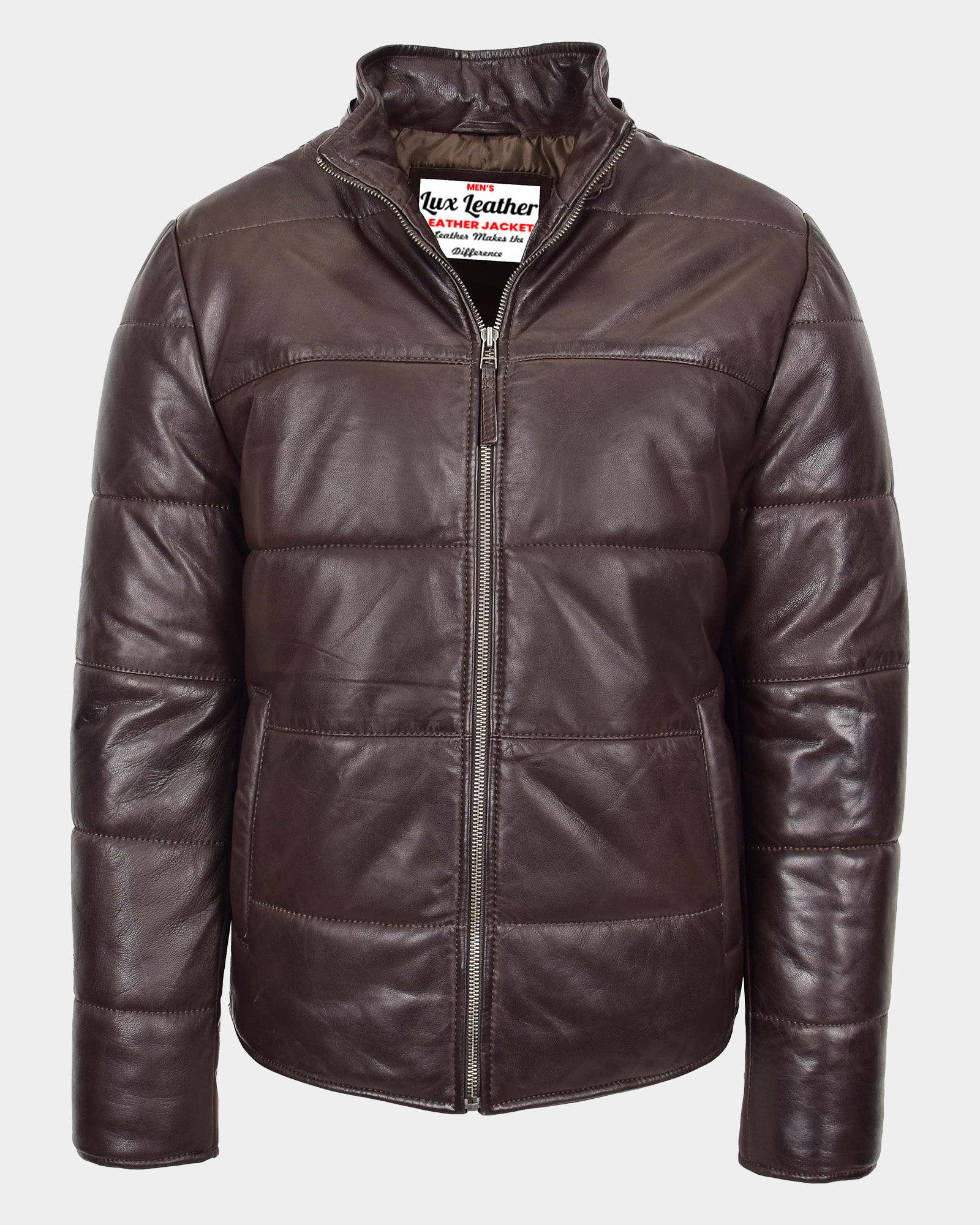 Mens Leather Hooded Puffer Jacket Zenith Brown