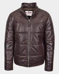 Mens Leather Hooded Puffer Jacket Zenith Brown