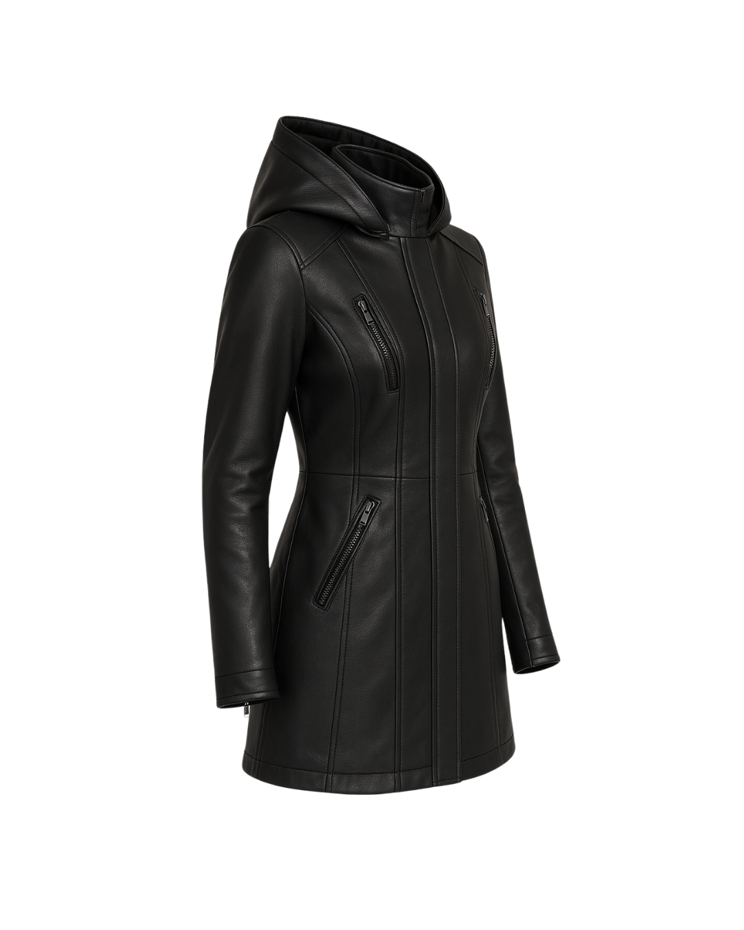 Eclipse Verge Detachable-Hood Leather Coat — Black