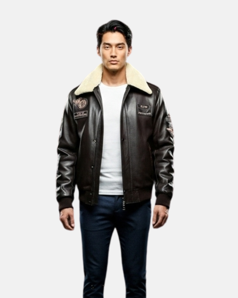 Mens Leather Jacket with Detachable Collar Pilot-N Zenith Brown