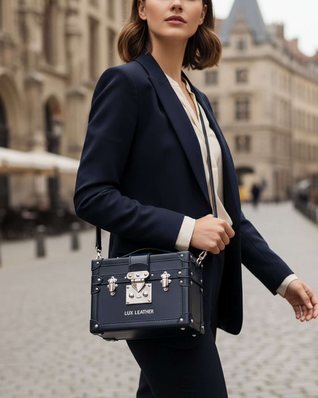 Dark Shiny Blue Gloss Trunk Bag |  Lux Leather Women Leather Bag