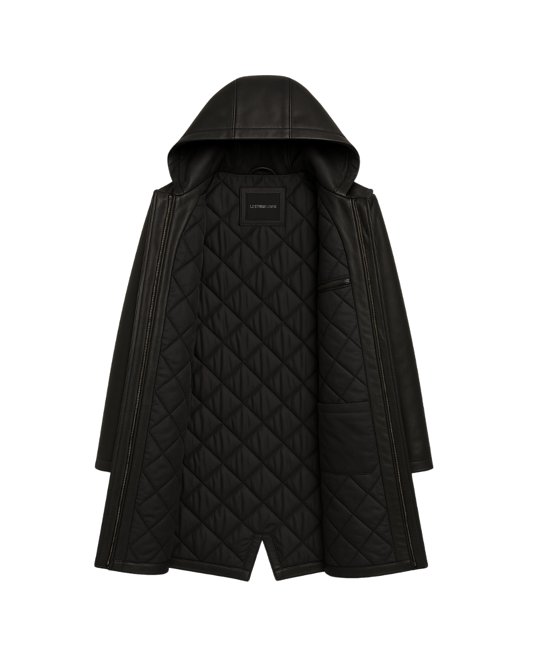 Noir Harbor Detachable-Hood Leather Coat — Black