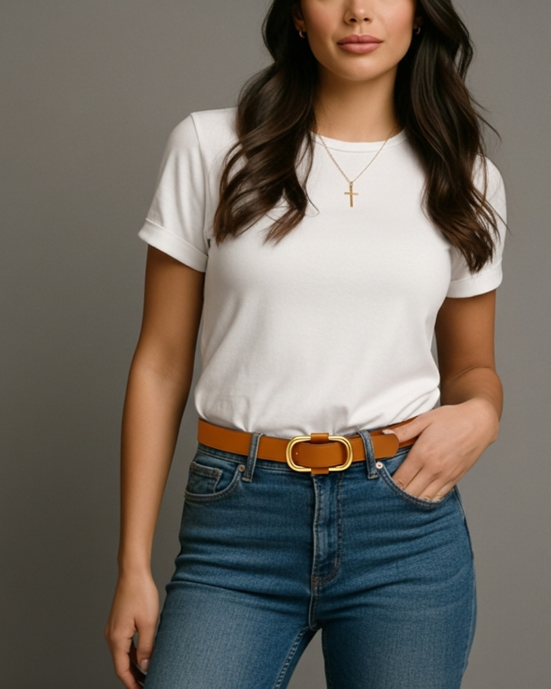 The Aurora Women’s Leather Belt — Caramel Elegance with Sculpted Gold Oval Buckle