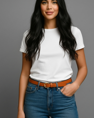 The Amber Grace Women’s Leather Belt — Effortless Elegance in Tan with Golden Accent