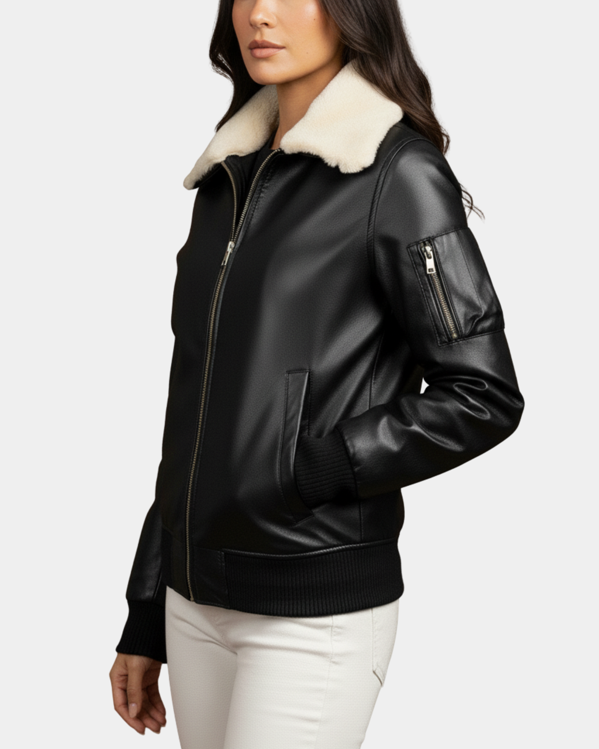 Women Leather Bomber Jacket Removable Collar Nova Black