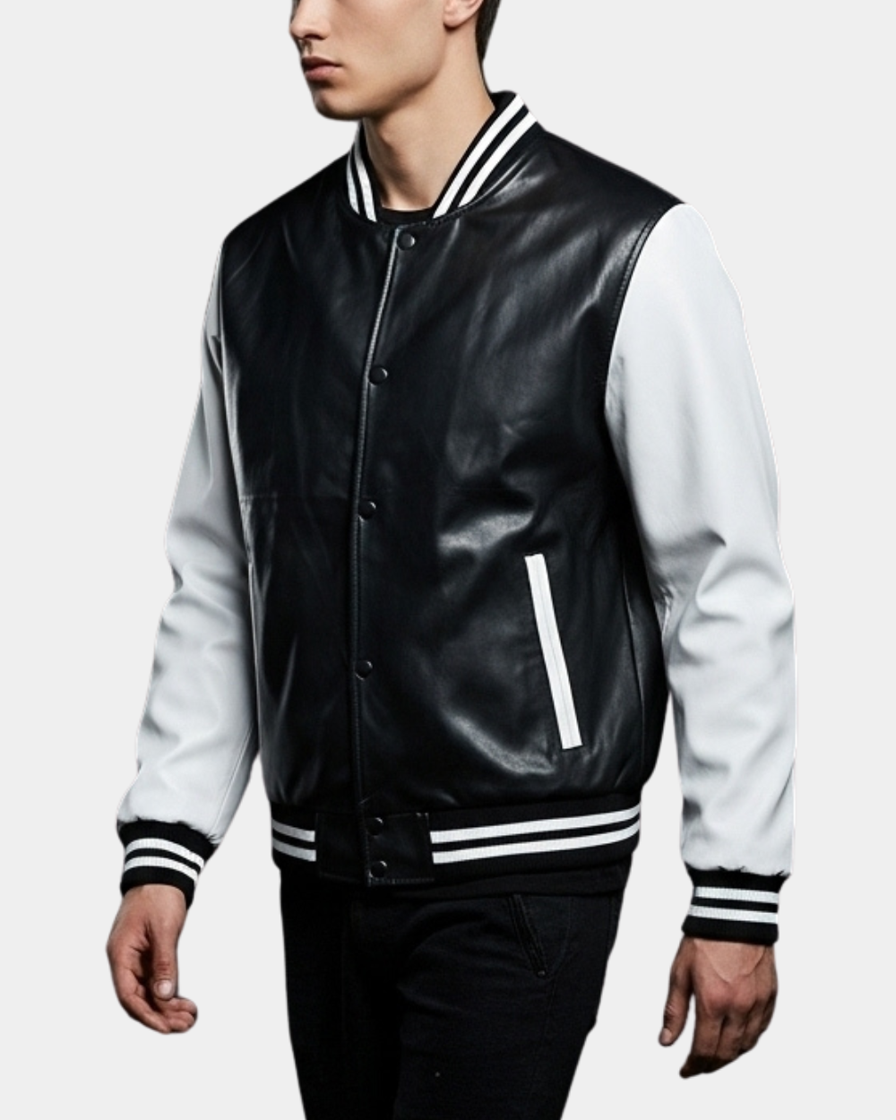 Mens Leather College Boy Varsity Jacket Garry Black Astral White