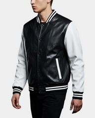 Mens Leather College Boy Varsity Jacket Garry Black Astral White