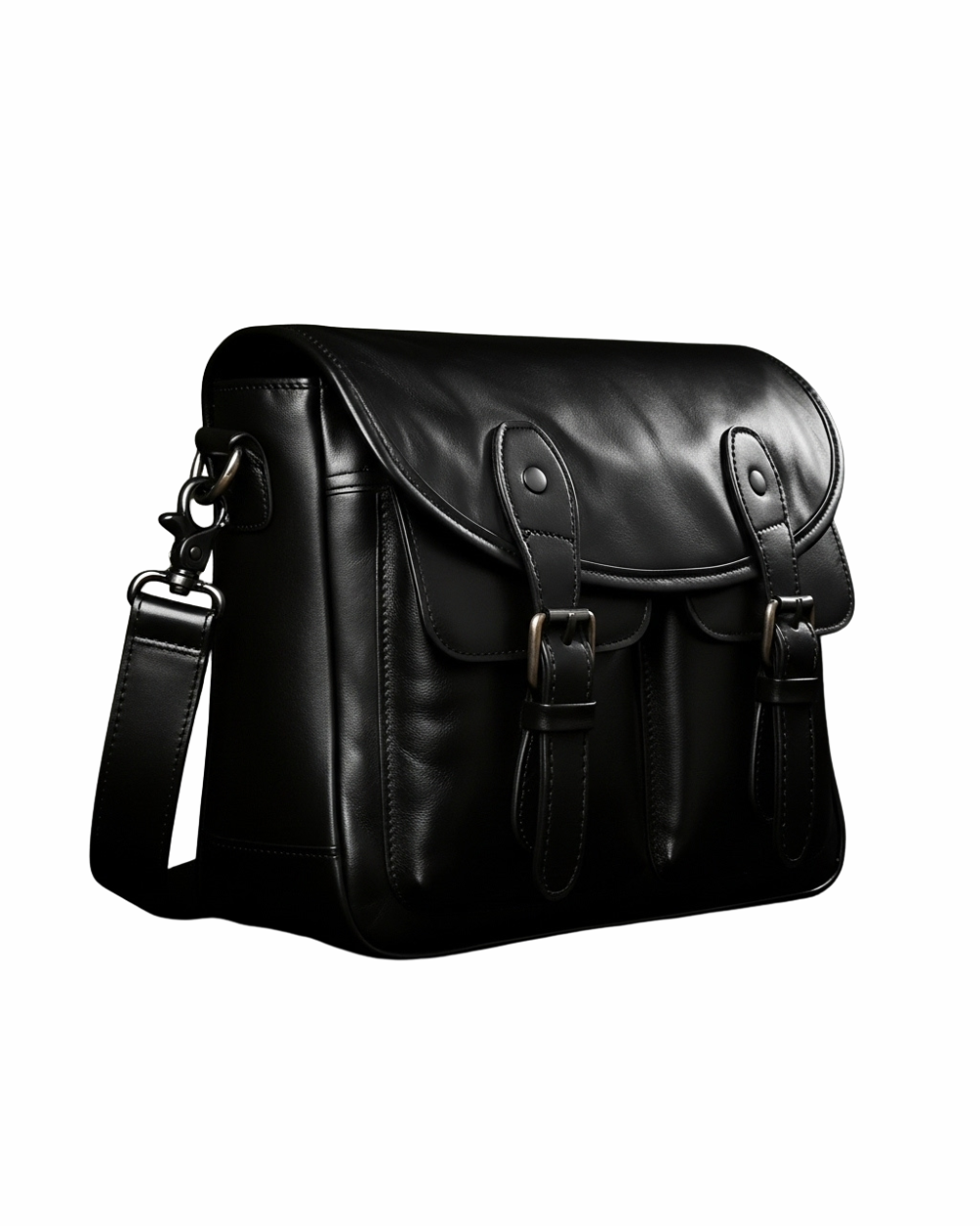 Regal Noir Vintage Leather Messenger Bag – Classic Black with Dual Buckle Design