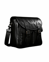 Regal Noir Vintage Leather Messenger Bag – Classic Black with Dual Buckle Design