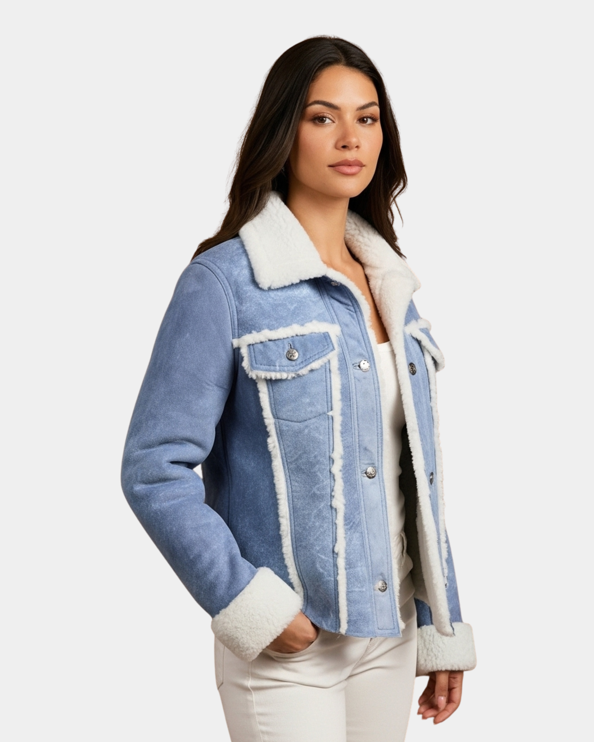 Women Real Sheepskin Trucker Jacket Kylie Denim Radiant Blue