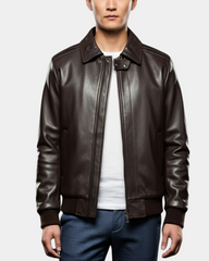 Mens Leather Bomber Pilot Jacket Removable Collar Leroy Zenith Brown