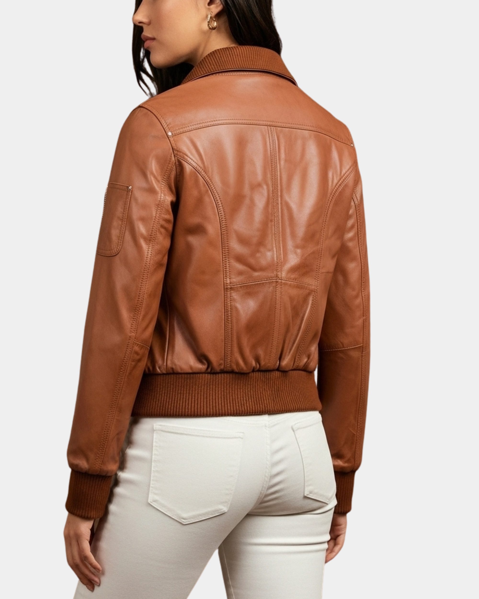 Women Leather Classic Bomber Jacket Motto Dynamo Tan