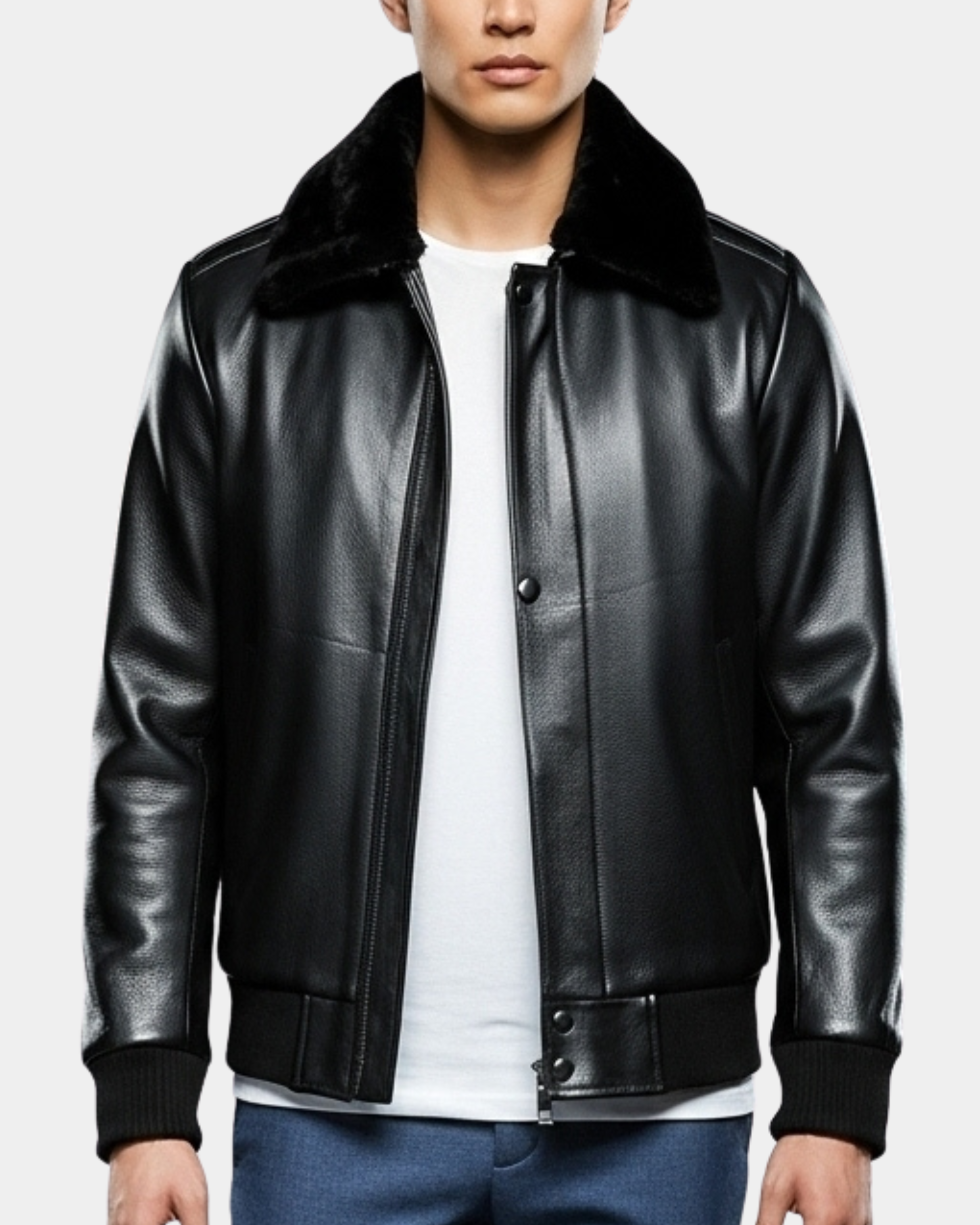 Mens Leather Bomber Pilot Jacket Removable Collar Leroy Nova Black