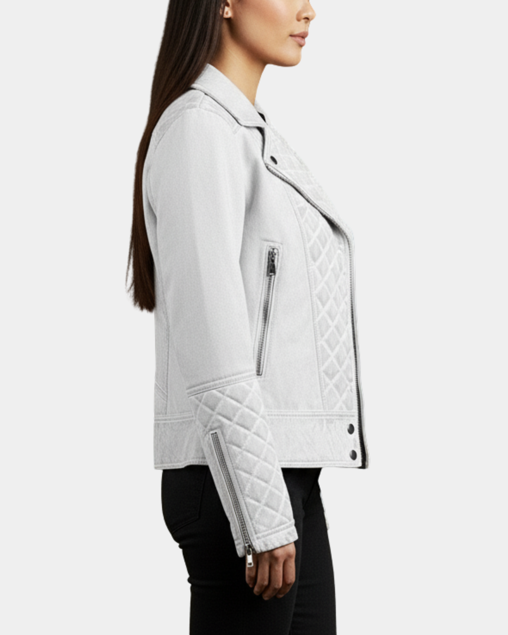 Women Leather Biker Jacket with Quilt Detail Vintage Astral White