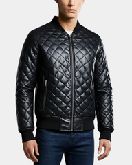 Mens Leather Quilted Bomber Jacket Warren Nova Black