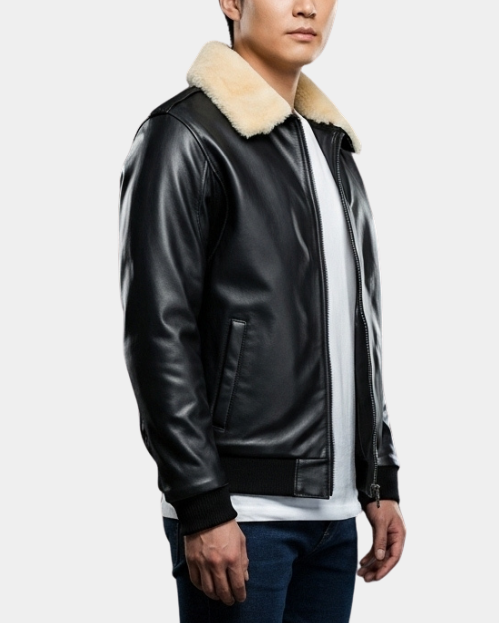 Mens Bomber Leather Jacket with Sheepskin Collar Viggo Nova Black