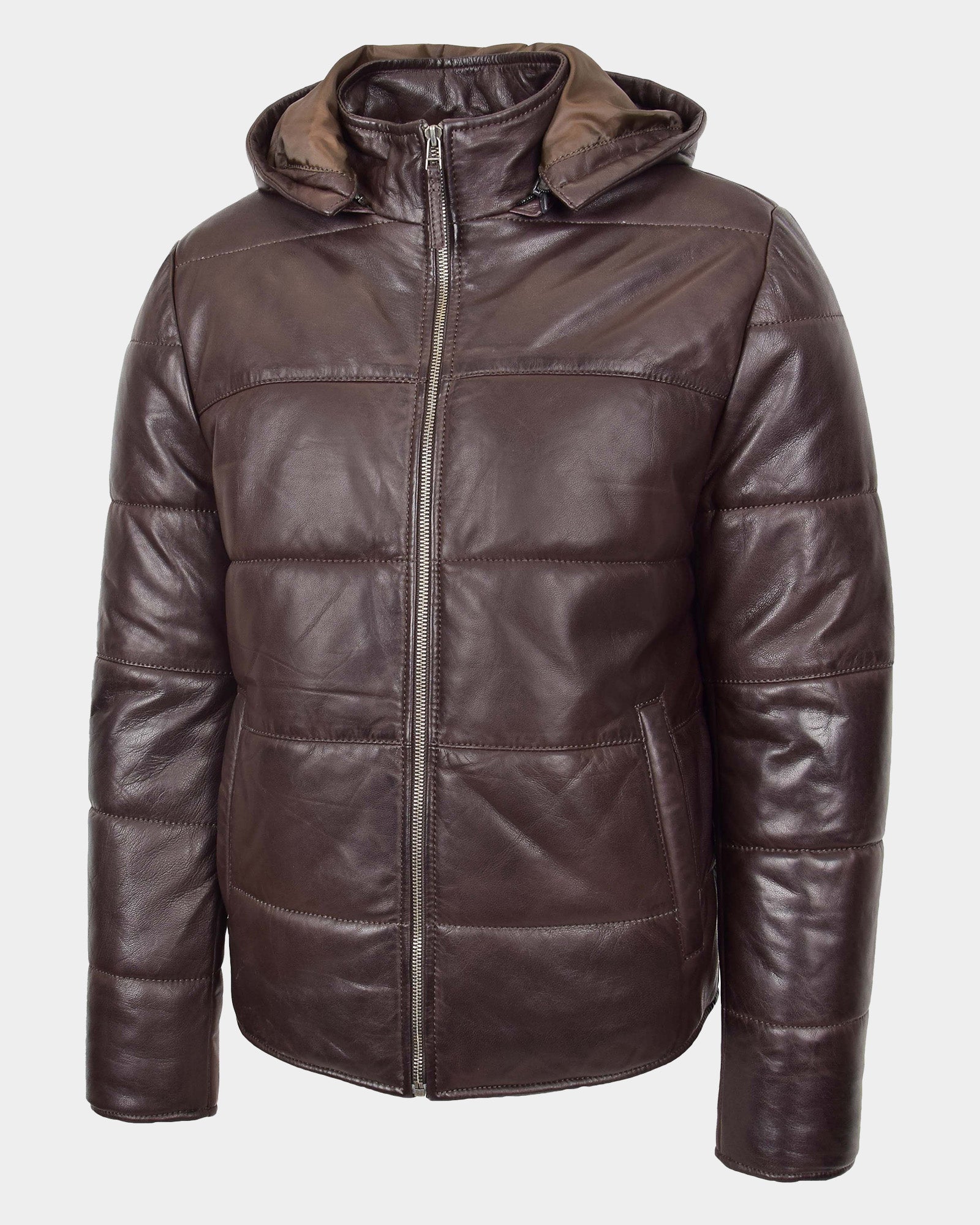 Mens Leather Hooded Puffer Jacket Zenith Brown