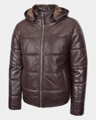 Mens Leather Hooded Puffer Jacket Zenith Brown
