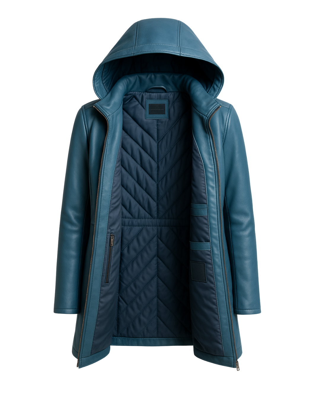 Azure Harbor Detachable-Hood Leather Coat — Azure Blue