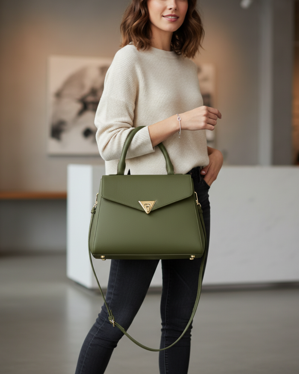 Olive Leather City Handbag