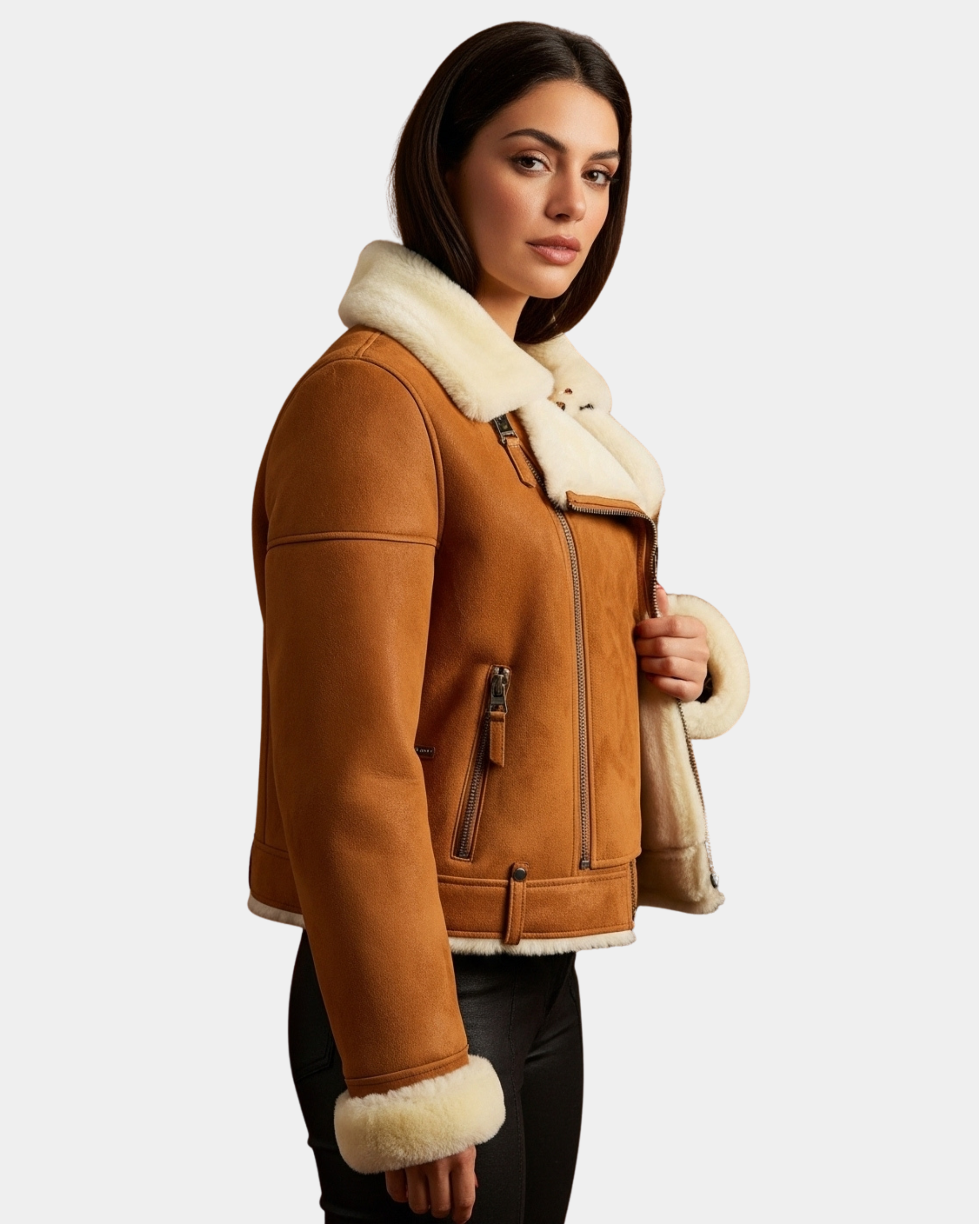 Womens Sheepskin Aviator Pilot Jacket Dynamo Tan White