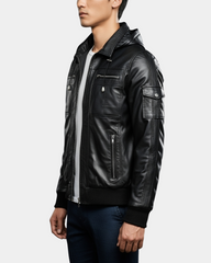 Mens Leather Bomber Jacket with Hoodie Bronx Nova Black