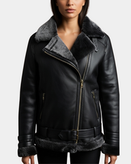 Womens Sheepskin Aviator Cross Zip Pilot Jacket Nova Black