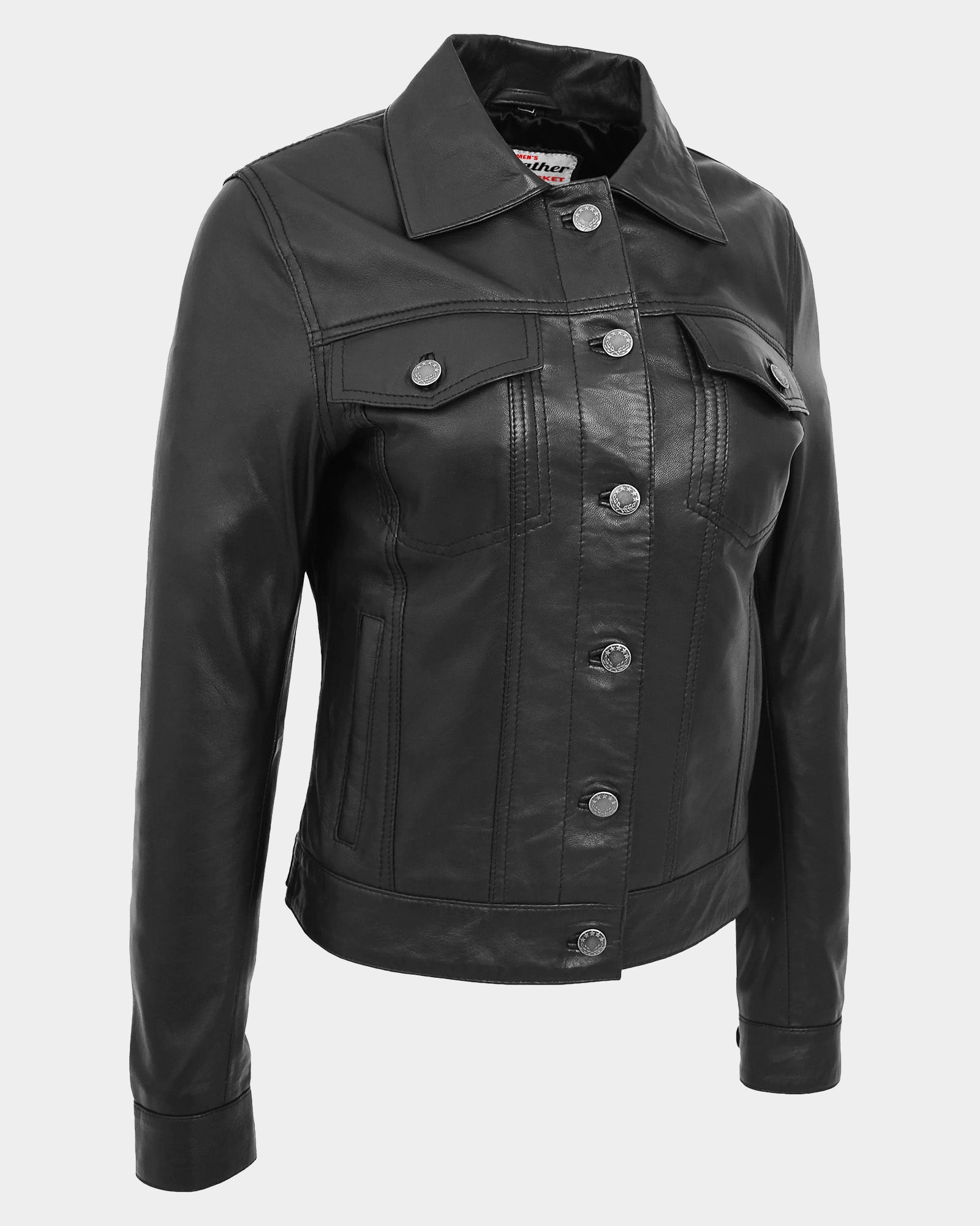 Womens Soft Leather Trucker Style Jacket Alma Nova Black