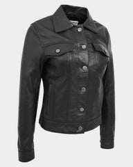 Womens Soft Leather Trucker Style Jacket Alma Nova Black