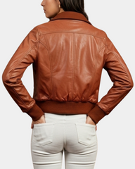 Women Leather Varsity Quilted Bomber Jacket Dynamo Tan