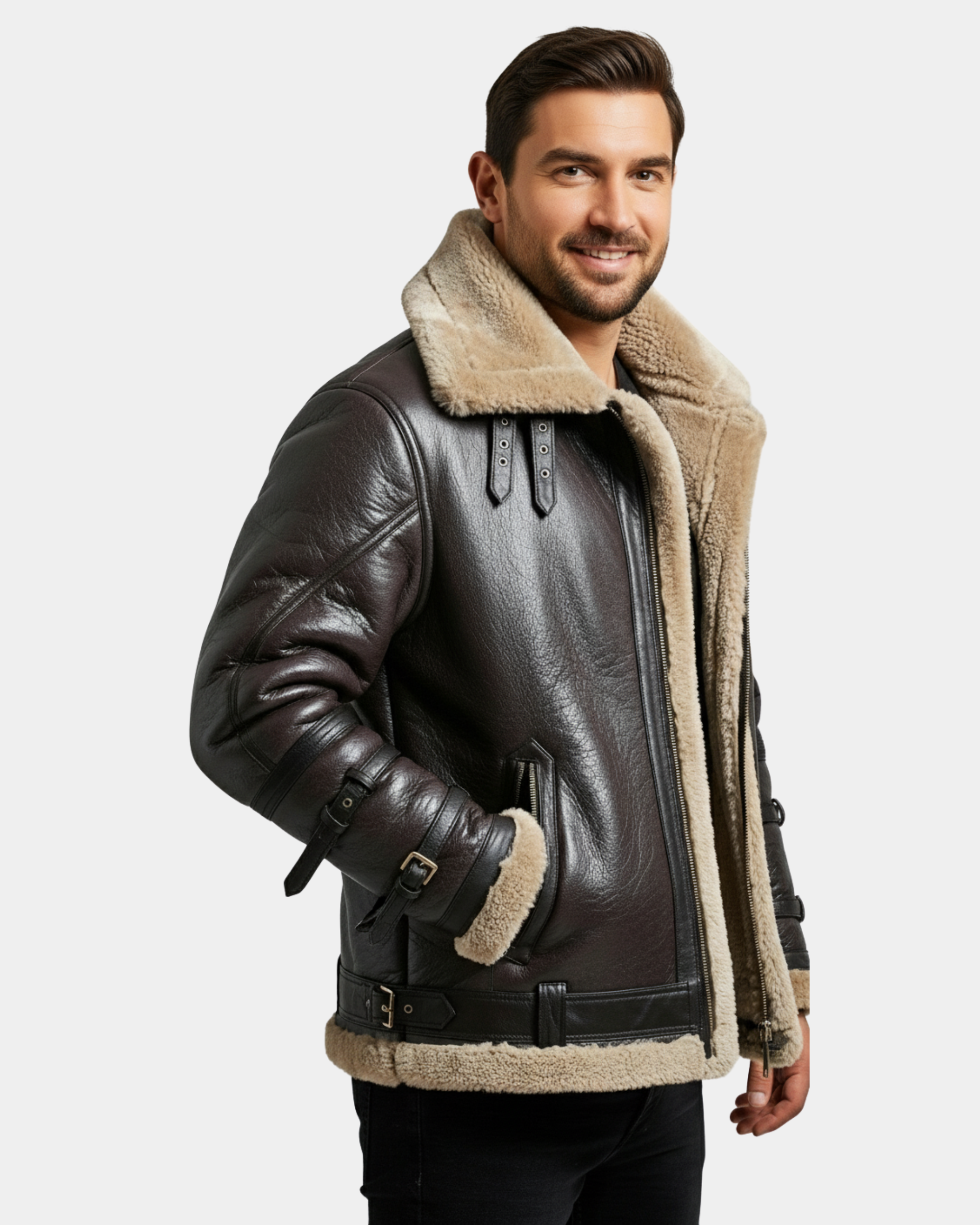 Men Bomber Flying Aviator B3 Real Leather Jacket Double Collar Zenith Brown MF7