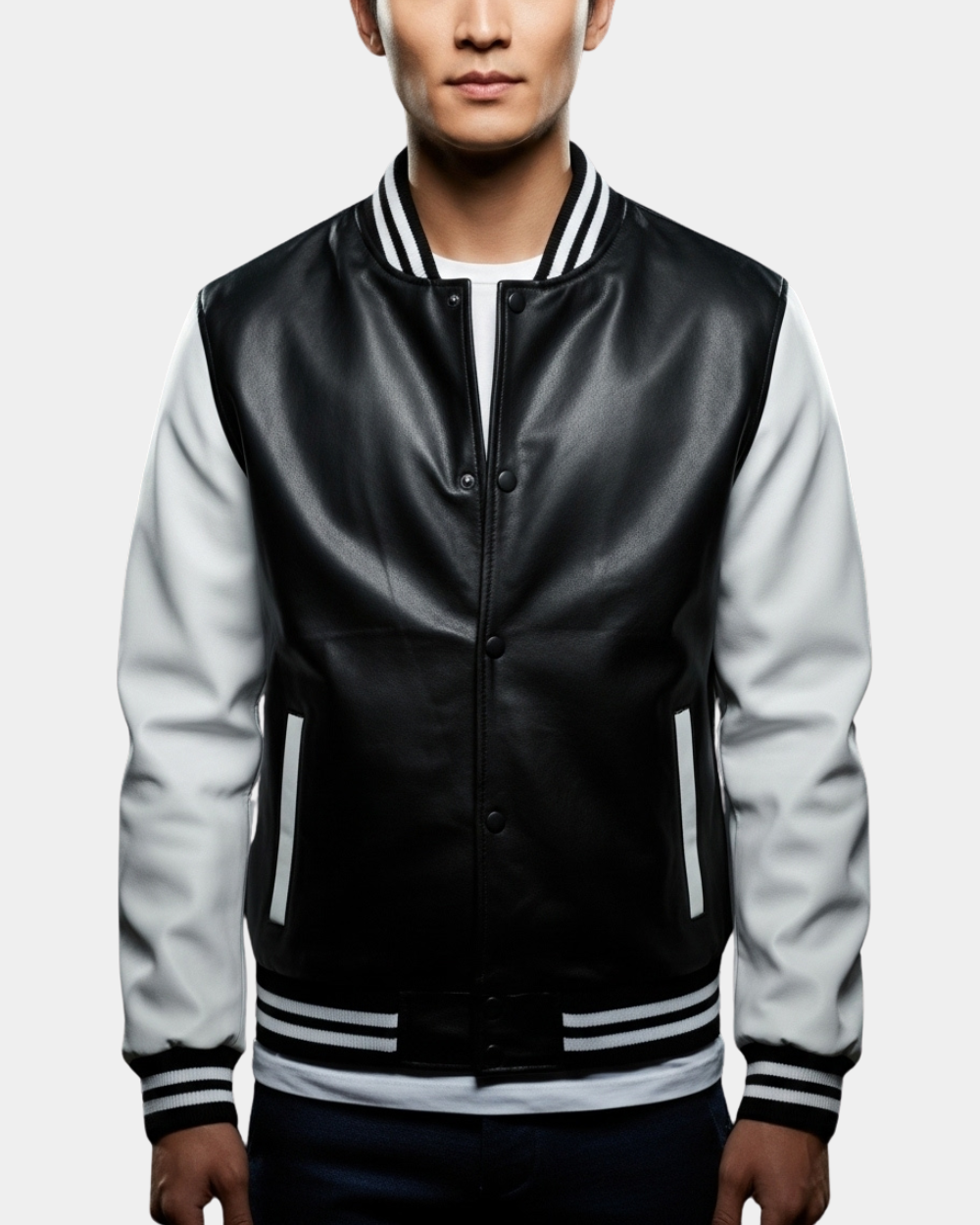 Mens Leather College Boy Varsity Jacket Garry Black Astral White