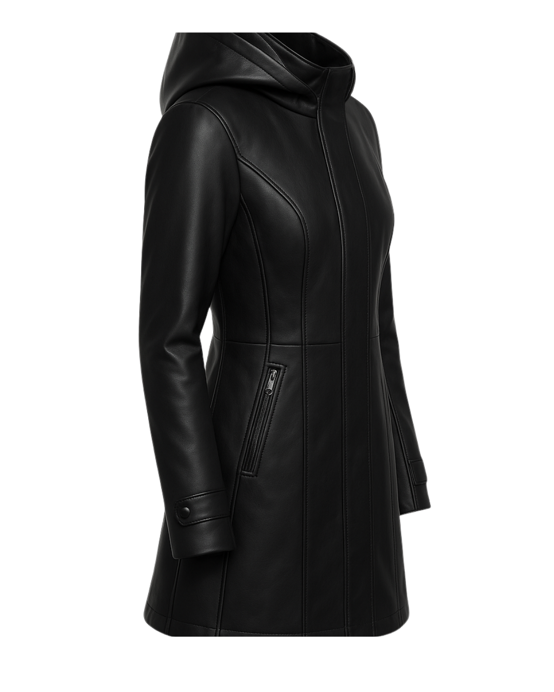 Noir Harbor Detachable-Hood Leather Coat — Black