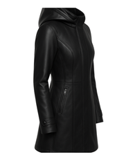 Noir Harbor Detachable-Hood Leather Coat — Black