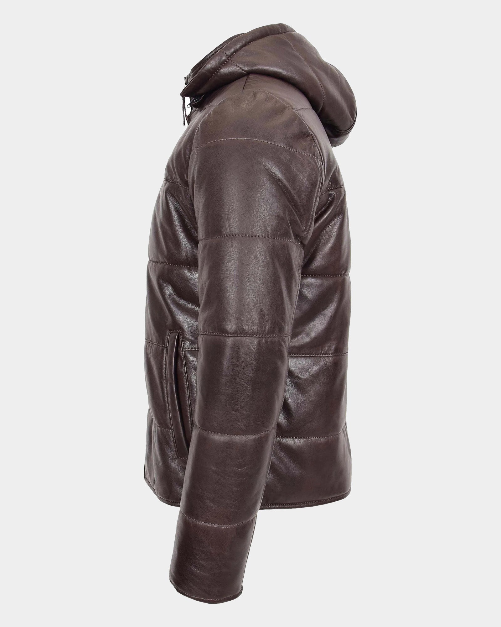 Mens Leather Hooded Puffer Jacket Zenith Brown