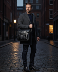 Regal Noir Vintage Leather Messenger Bag – Classic Black with Dual Buckle Design