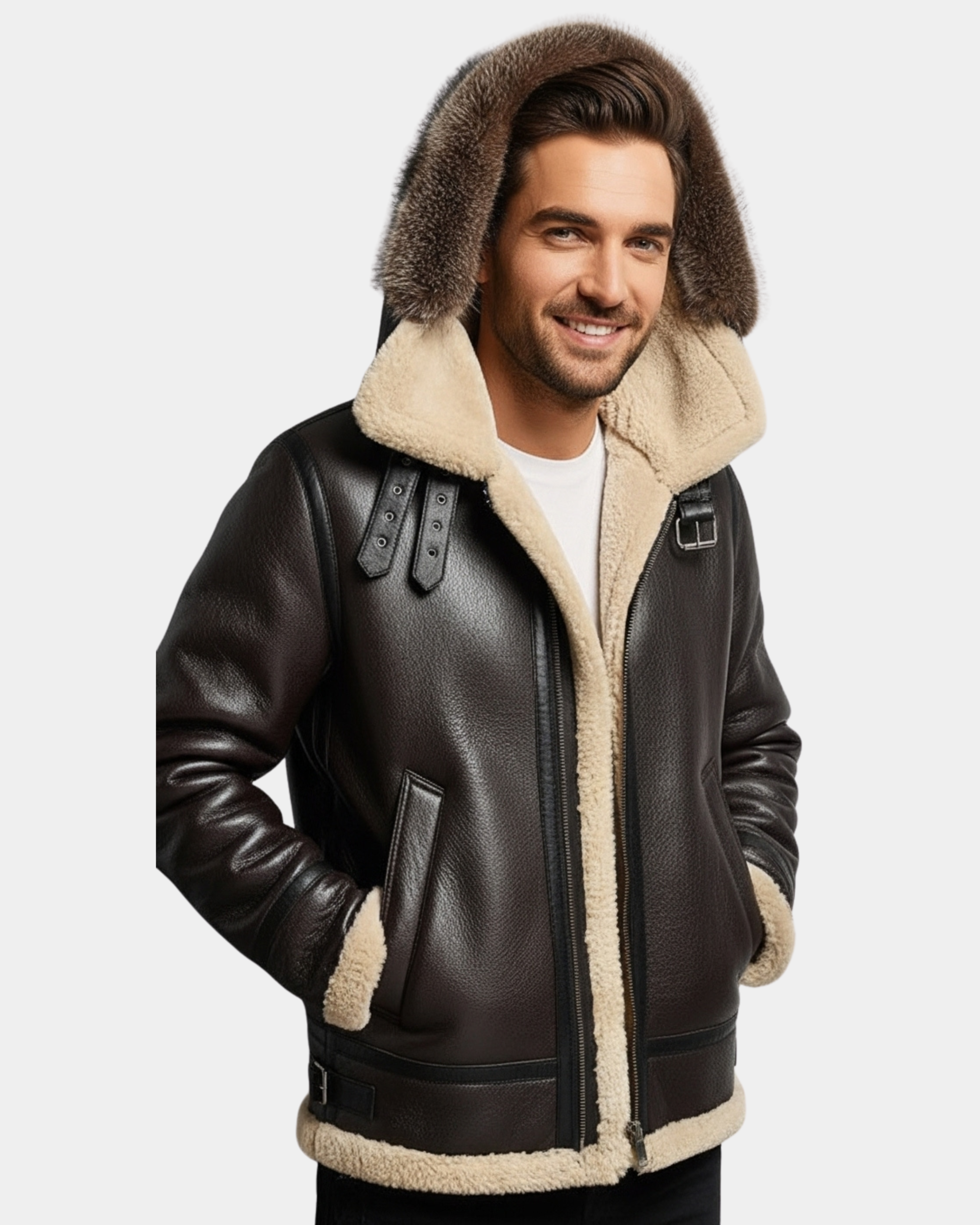 Men Bomber Flying Aviator RAF B3 Real Leather Jacket Sheepskin Zenith Brown Hooded