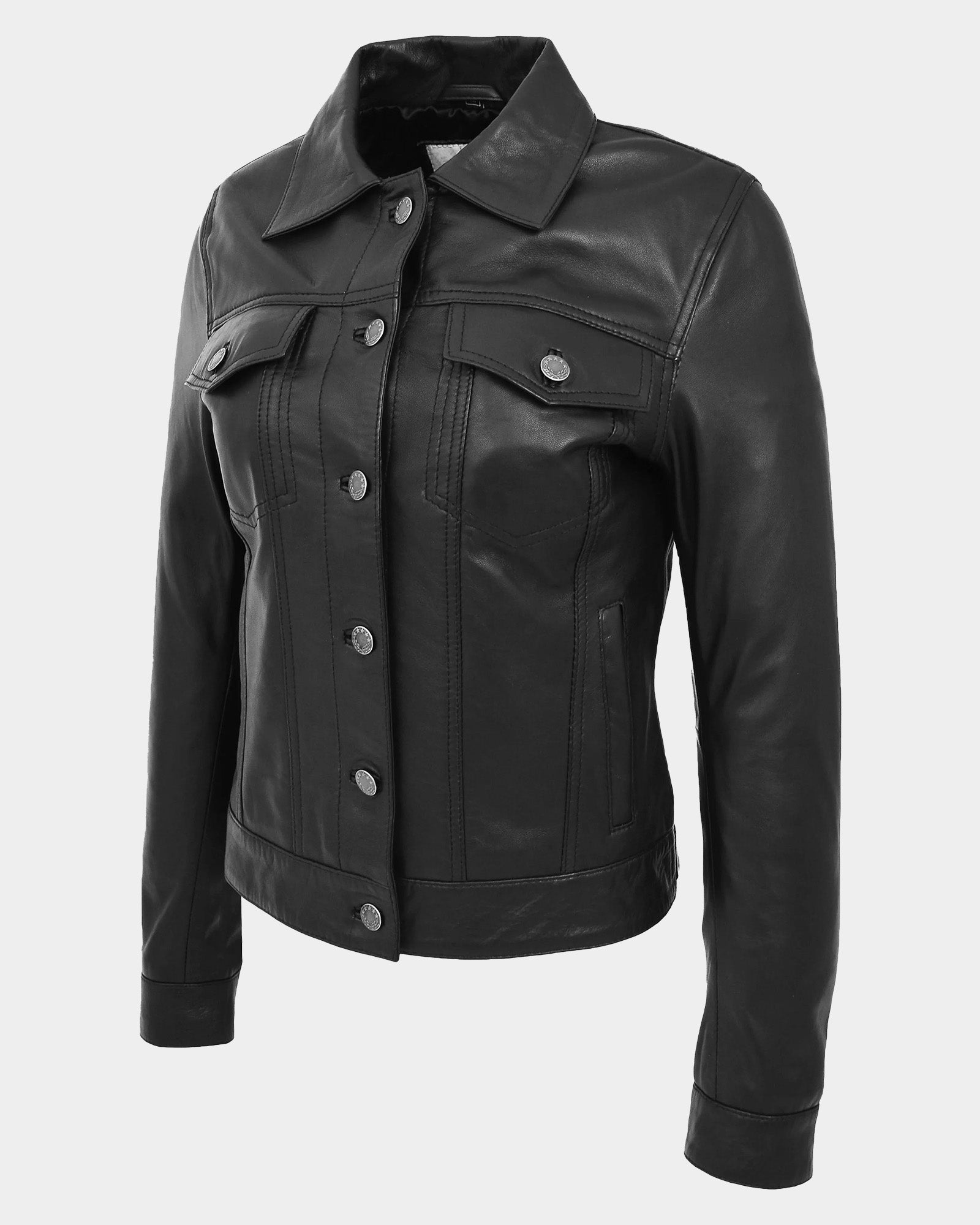 Womens Soft Leather Trucker Style Jacket Alma Nova Black
