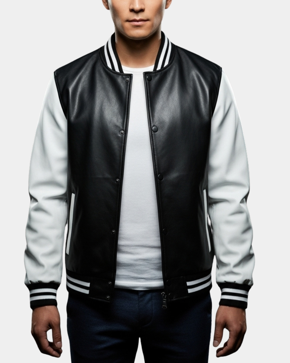Mens Leather College Boy Varsity Jacket Garry Black Astral White