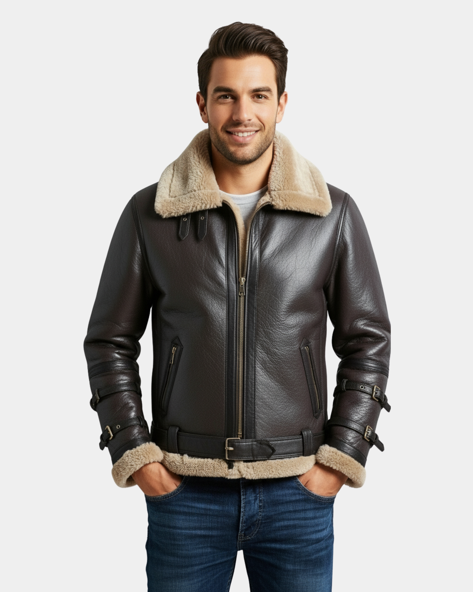Men Bomber Flying Aviator B3 Real Leather Jacket Double Collar Zenith Brown MF7